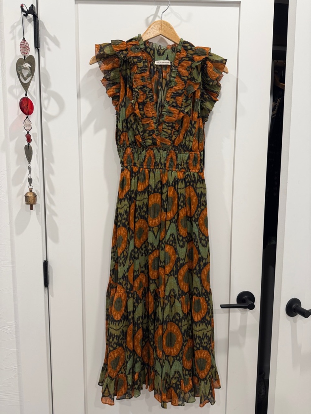 Ulla Johnson Olive & Rust Ruffle-Sleeve Maxi Dress